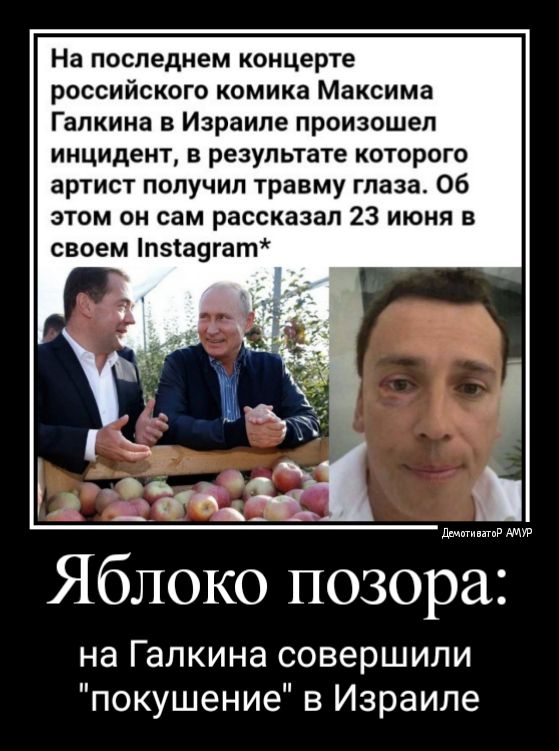 На последнем концерте российского комика Максима Галкина в Израиле произошел инцидент в результате которого артист получил травму глаза Об этом он сам рассказал 23 июня в своем пзса9гат дв у ими Яблоко позора на Галкина совершили покушение в Израиле