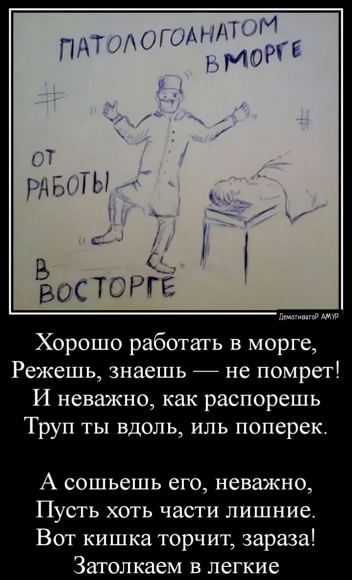 Хорошо работать в морге Режешь знаешь _ не помрет И неважно как распорешь Труп ты вдоль иль поперек А сошьешь его неважно Пусть хоть части лишние Вот кишка торчит зараза Затолкаем в легкие
