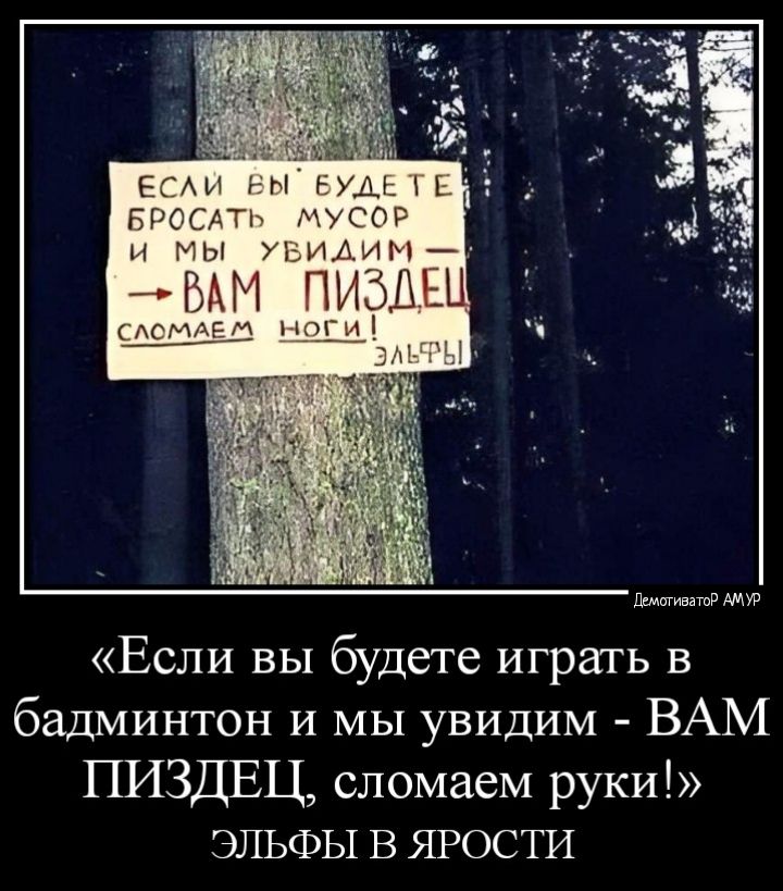 ЕСАЪ _ БГССАТЬ МУСОР и Мы ЬИАИМ БАМ ПИЗДЕЦ м Если вы будете играть в бадминтон и мы увидим ВАМ ПИЗДЕЦ сломаем руки ЭПЬФЫ В ЯРОСТИ