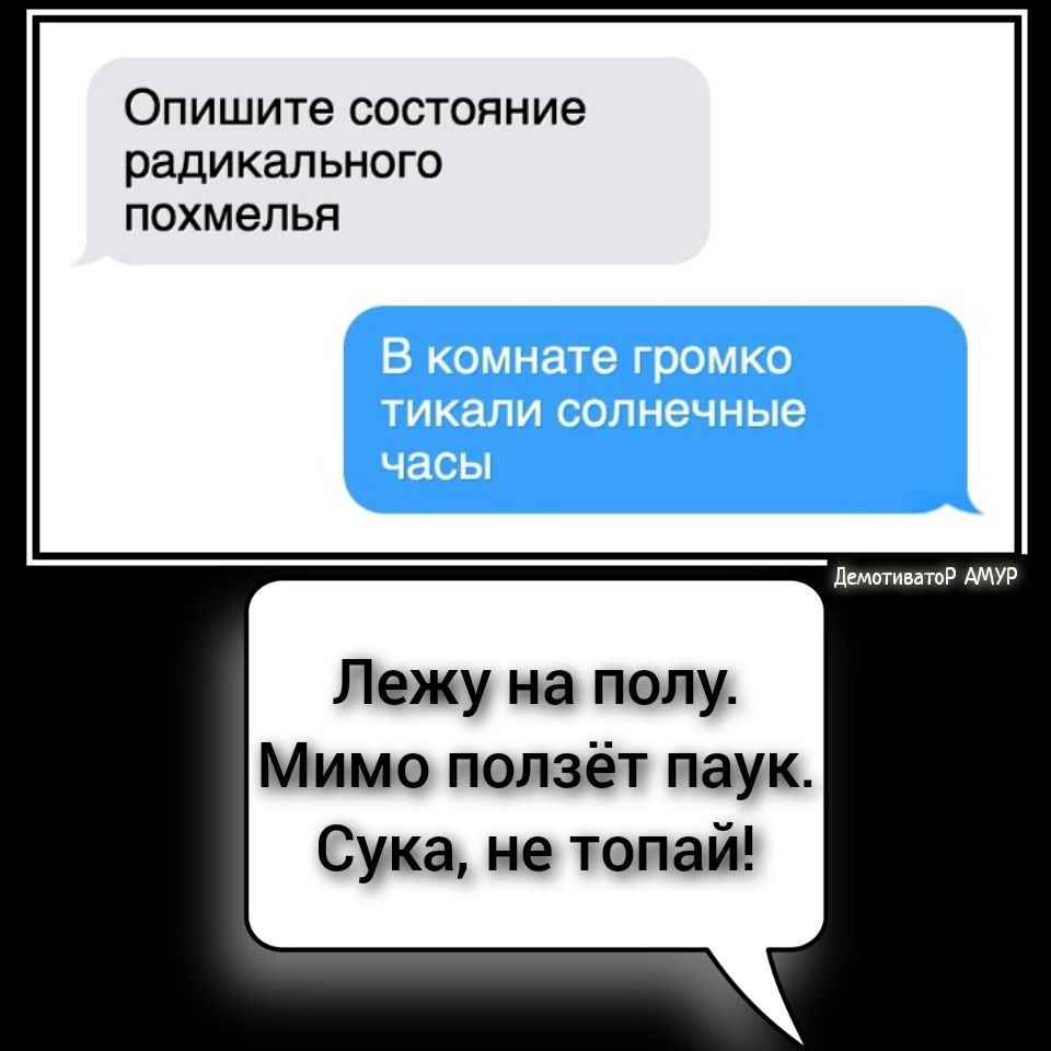Опишите состояние радикального похмелья Лежу на полу Мимо ползёт паук Сука не топай