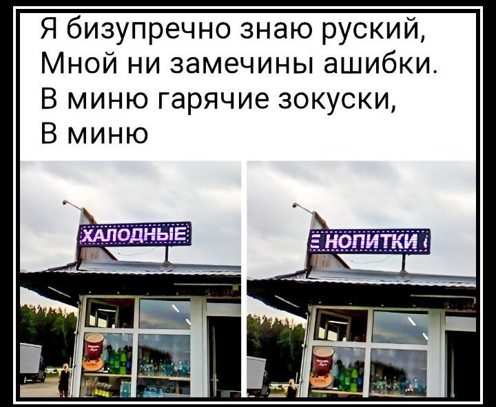 Я бизупречно знаю руский Мной ни замечины ашибки В миню гарячие зокуски В миню НОПИТКИ