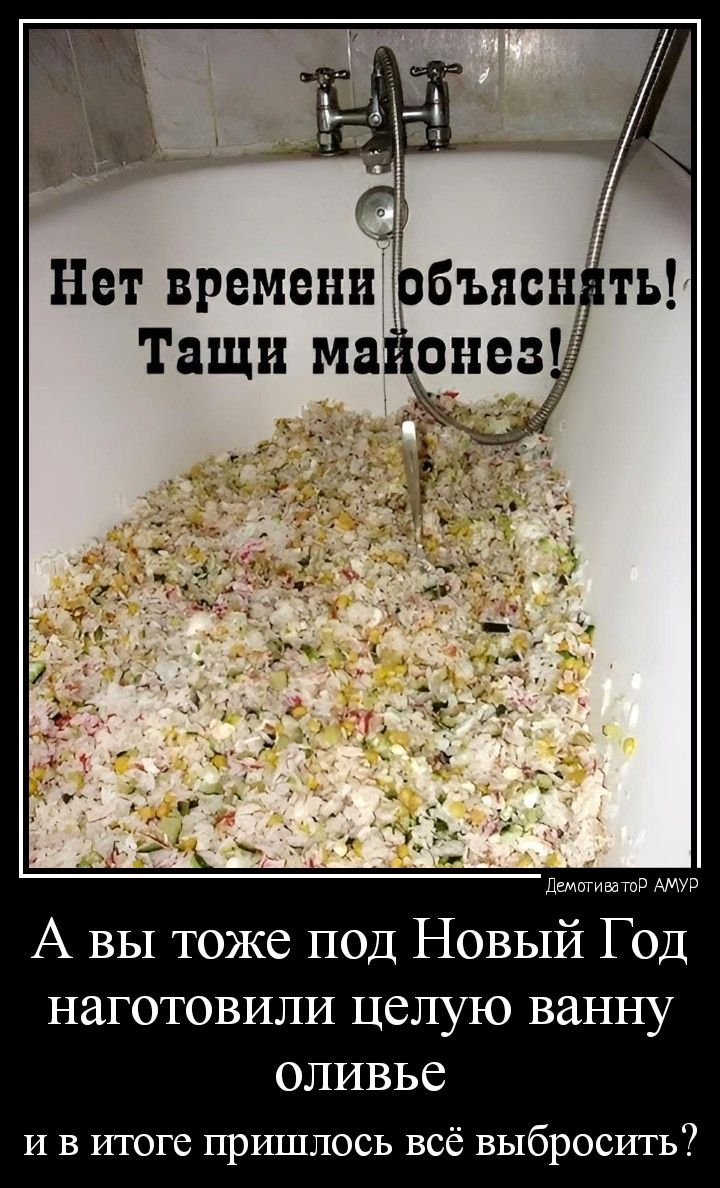 Ч Нет времени пб ыпшд ть Тащи мацёнез Ъ дидтии тк А вы тоже под Новый Год НЭГОТОВИЛИ ЦВЛУЮ ванну ОЛИВЬС и в итоге пришлось всё выбросить