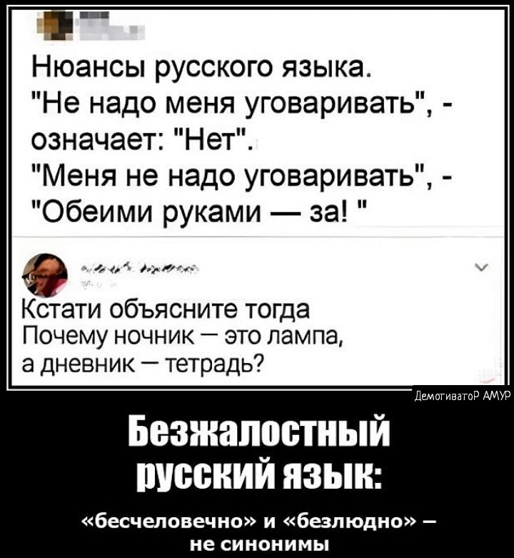 Нюансы русского языка Не надо меня уговаривать означает Нет Меня не надо уговаривать Обеими руками за Кстати объясните тогда Почему ночник это лампа а ДНЕВНИК _ тетрадь Безжалостный писаний языи бесчеловечно и балтика не синонимы