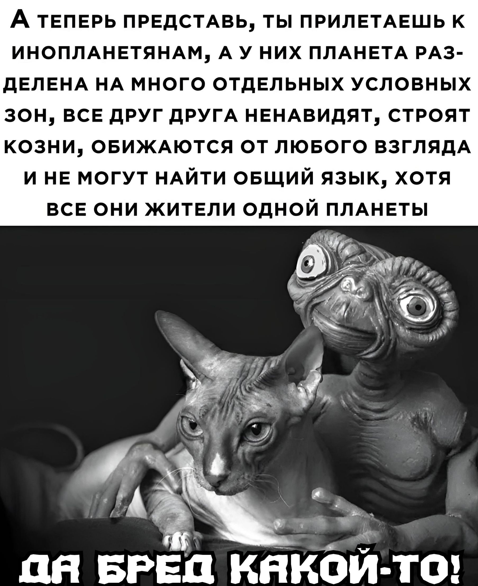 А теперь ПРЕДСТАБЬ ты ПРИПЕТАЕШЬ к ИНОПЛАНЕТЯНАМ А У них ПЛАНЕТА РАЗ дЕПЕНА НА много отдельных условных зон все друг дРУГА нвндвидят строят козни ОБИЖАЮТСЯ от лювого взглядА и НЕ могут НАЙТИ овщий язык хотя все они житвли одной ПЛАНЕТЫ ЦН БРЕЦ КНКОЙ ТО