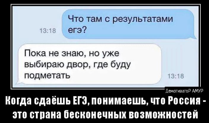 Что там с результатами егэ Пока не знаю но уже выбираю двор где буду подметать Когда сдаёшь ЕГЭ понимаешь по России это стпаиа БШШИЕЧИЫХ возможностей