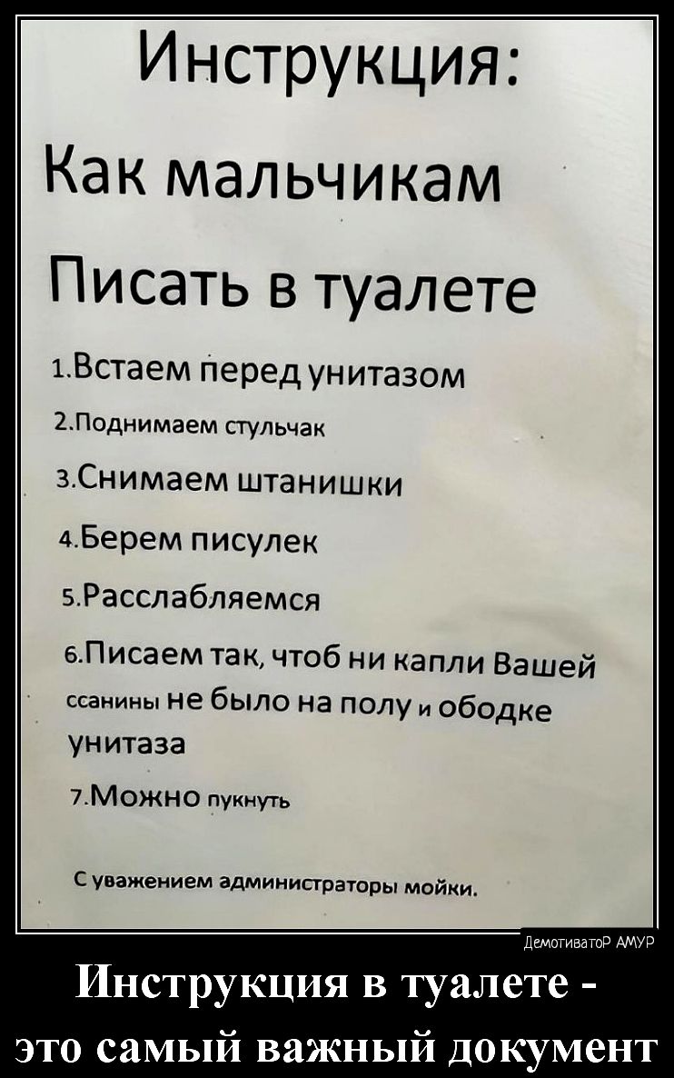 Инструкция Как мальчикам Писать в туалете 1Встаем перед ун итазом 2_Поднимаем стульчак ЗСНИМЭеМ штанишки АБерем писулек 5Расслабляемся алисаем так чтоб ни капли Вашей папины не было на полу и ободке унитаза 7 Можно пуииуть уважением админи тратит май