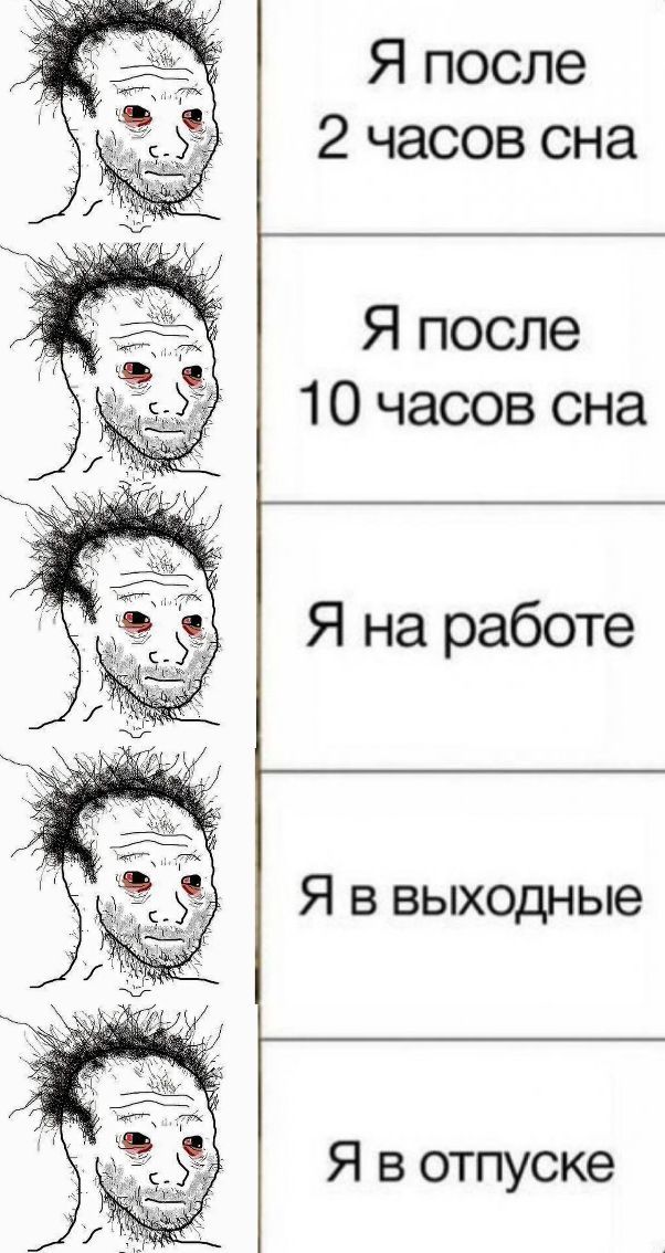 Я после 2 часов сна Я после 10 часов сна Я на работе Я в выходные Я в отпуске