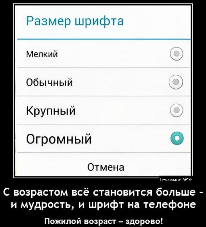 Размер шрифта Мелкий Обычный Крупный Огромный Отмена С возрастом всё становится больше и мудрость и шрифт на телефоне Пожилой возраст здорово