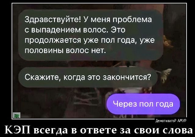 Здравствуйте У меня проблема свыпадением волос Это продолжается уже пол года уже половины волос нет Скажите когда это закончится р 1 емозннто ВНУ КЭП всегда в ответе за свои слова