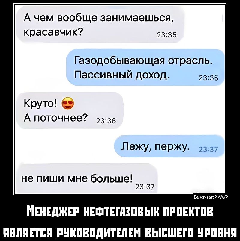 А чем вообще занимаешься, красавчик?
Газодобывающая отрасль. Пассивный доход.
Круто! 😍
А поточнее?
Лежу, пержу.
не пиши мне больше!

Менеджер нефтегазовых проектов является руководителем высшего уровня