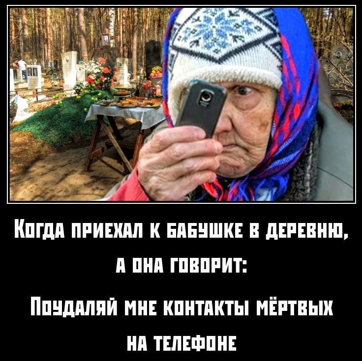 Когда приехал к бабушке в деревню, а она говорит: Поищи мне контакты мёртвых на телефоне