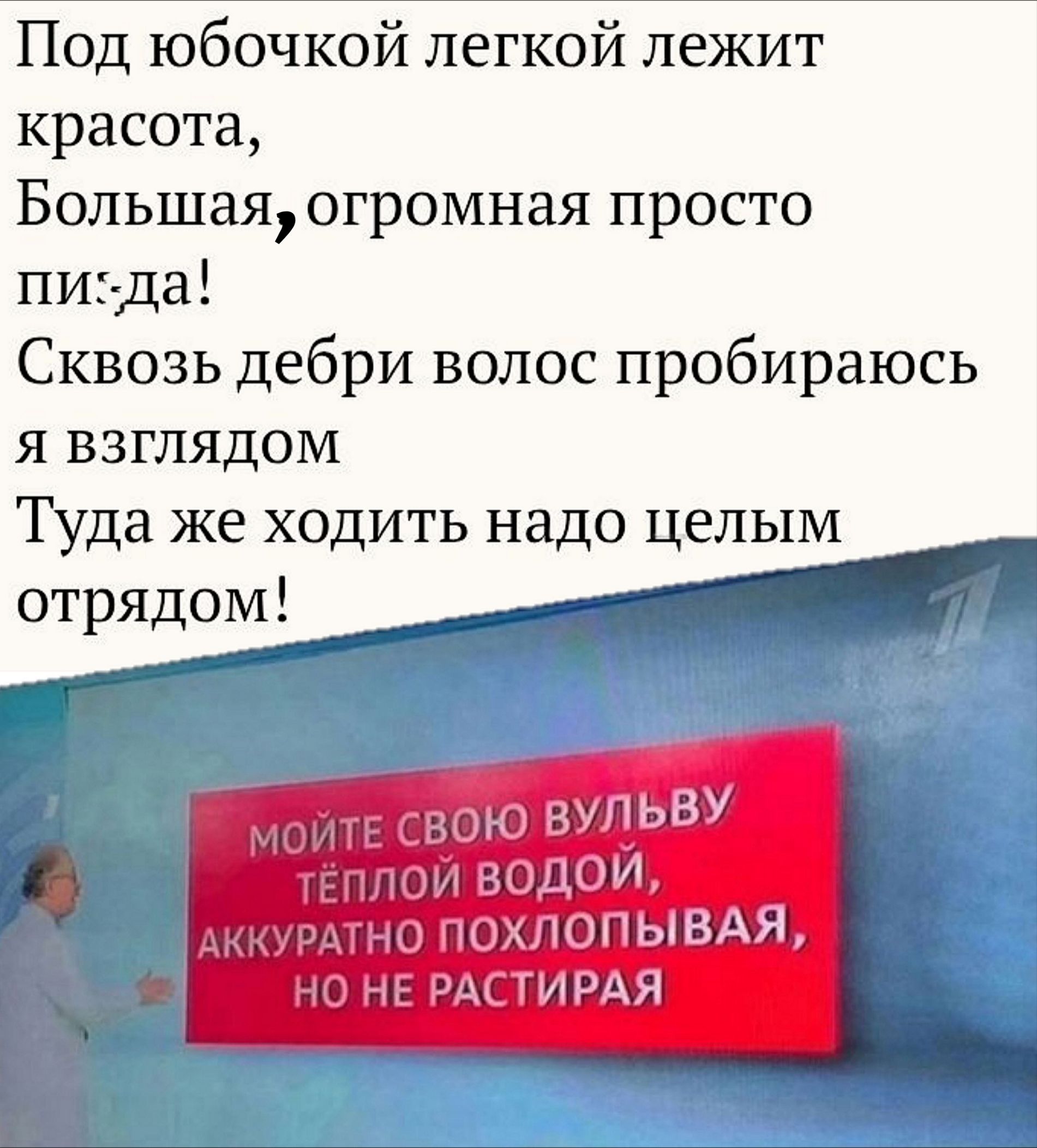 Под юбочкой лёгкой лежит красота,
Большая, огромная просто пи:да!
Сквозь дебри волос пробираюсь я взглядом
Туда же ходить надо целым отрядом!

МОЙТЕ СВОЮ ВУЛЬВУ ТЁПЛОЙ ВОДОЙ,
АККУРАТНО ПОХЛОПЫВАЯ,
НО НЕ РАСТИРАЯ