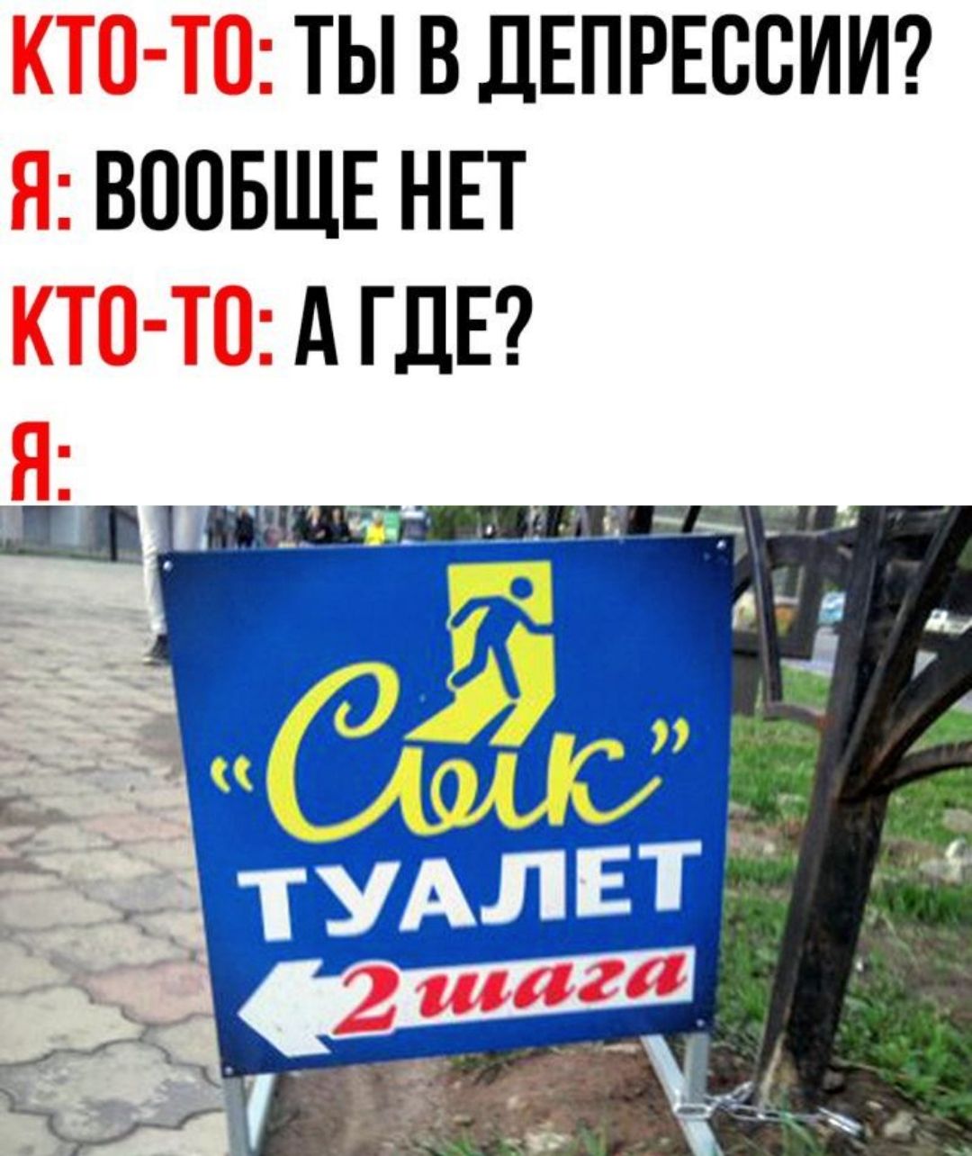 КТО-ТО: ТЫ В ДЕПРЕССИИ? Я: ВООБЩЕ НЕТ КТО-ТО: А ГДЕ? Я: ТУАЛЕТ