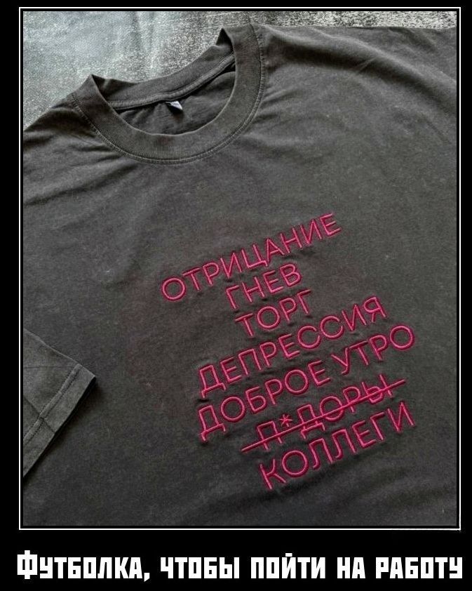 ФУТБОЛКА, ЧТОБЫ ПОЙТИ НА РАБОТУ
ОТРИЦАНИЕ
ГНЕВ
ТОРГ
ДЕПРЕСИЯ
ДОБРОЕ УТРО
Д*ДОРЫ
КОЛЛЕГИ