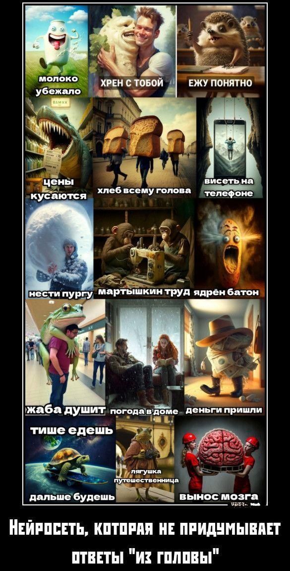 молоко убежало
хрен с тобой
ежу понятно
цены кусаются
хлеб всему голова
висят на телефоне
нести пургу
мартышкин труд
ядрен батон
жаба душит
погода в доме
деньги пришли
тише ешь
дальше будешь
вынес мозга
Нейросеть, которая не придумывает ответы 