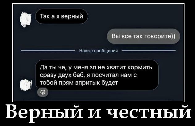 Так я верный
Вы все так говорите))
Да ты че, у меня зп не хватит кормить сразу двух баб, я посчитал нам с тобой прям впрытык будет