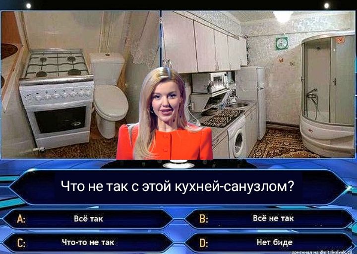 Что не так с этой кухней-санузлом?
A: Всё так
B: Всё не так
C: Что-то не так
D: Нет биде