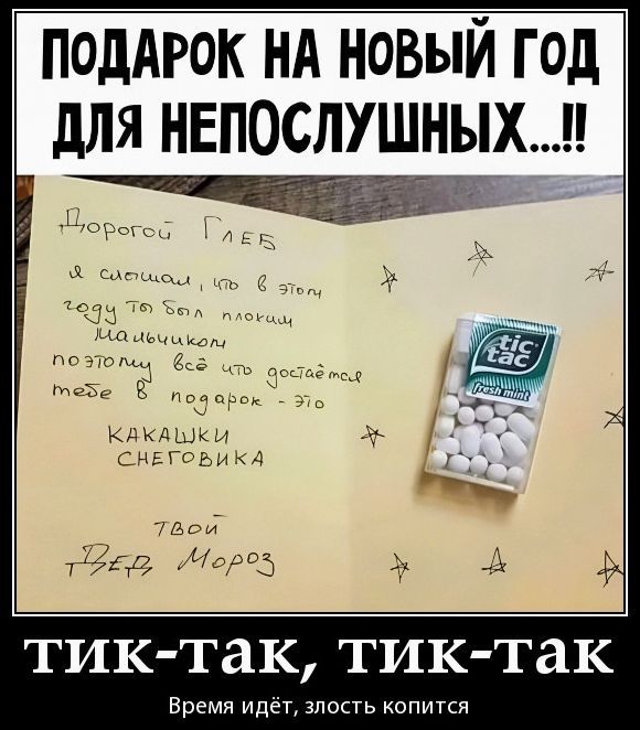 Подарок на новый год для непослушных... Дорогой Глеб. Я считаю, что в этом году ты был плохим мальчиком, поэтому всё это достаётся тебе в подарок — это какашки снеговика. Твой Дед Мороз. Тик-Так, тик-Так. Время идёт, злость копится.