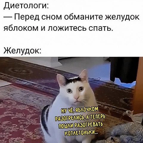 Диетологи:
— Перед сном обманите желудок яблоком и ложитесь спать.
Желудок:
ну чё, яблочком разогрелись, а теперь пошли разогревать котлетоньки...