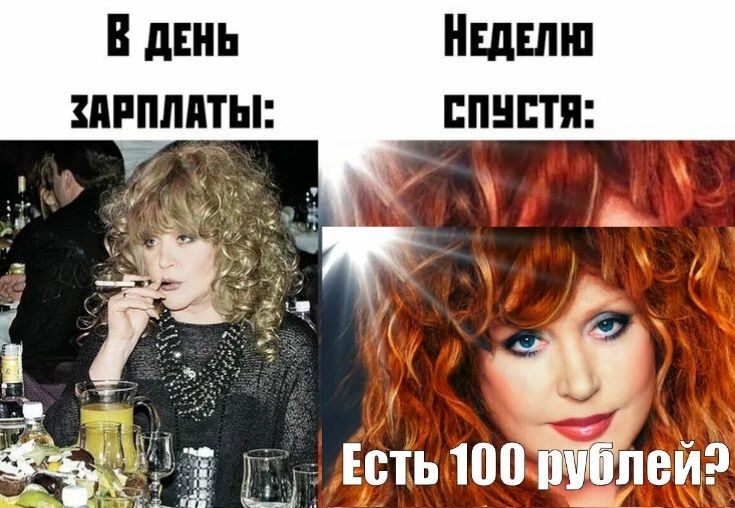 В день зарплаты:
Неделю спустя:
Есть 100 рублей?