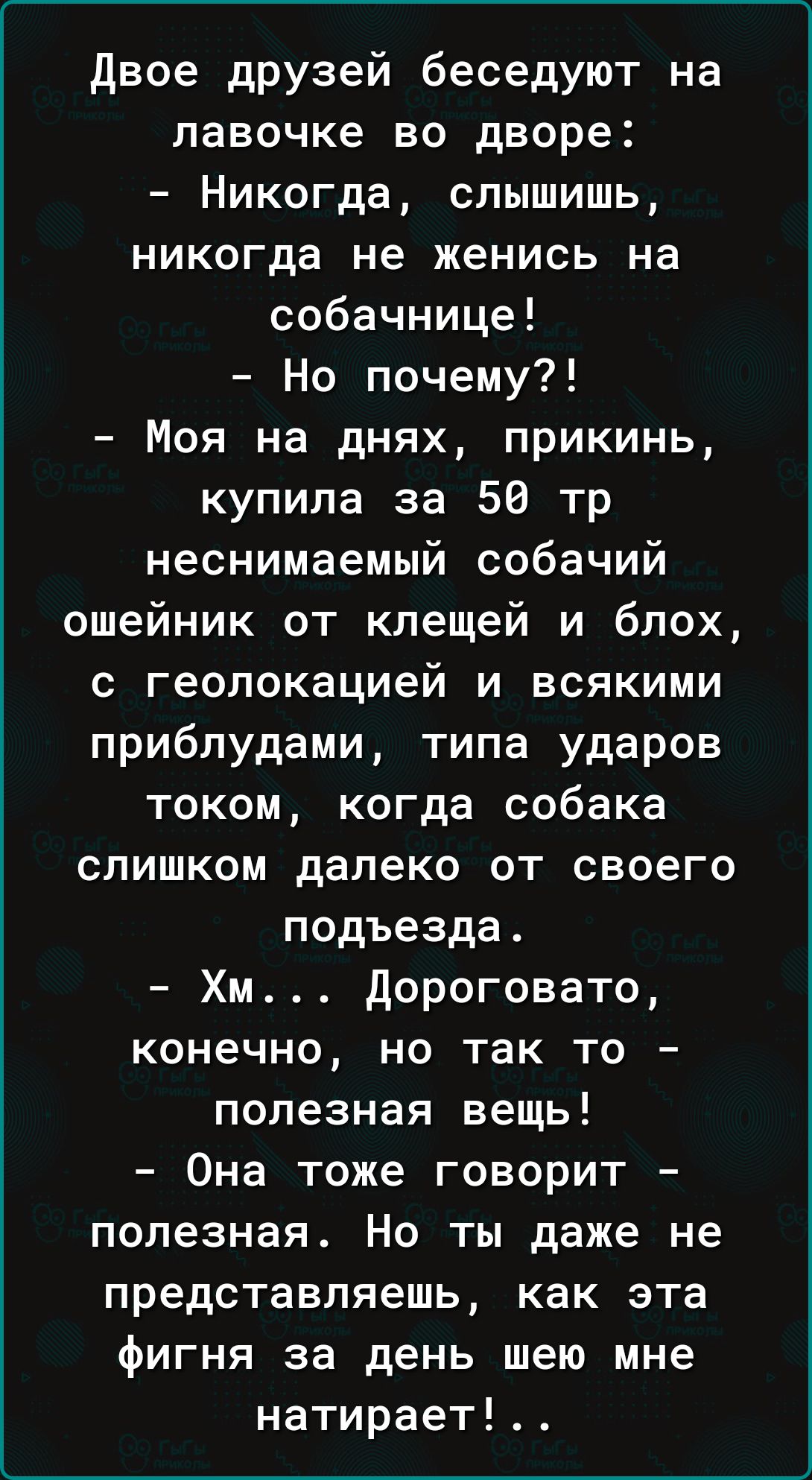 двое дРУзей беседуют на лавочке во дворе Никогда слышишь никогда не женись на собачнице Но почему Моя на днях прикинь купила за 50 тр неснимаемый собачий ошейник от клещей и блох с геолокацией и всякими приблудами типа ударов током когда собака слишком далеко от своего подъезда Хм дороговато конечно но так то полезная вещь Она тоже говорит полезная Но ты даже не представляешь как эта фигня за день