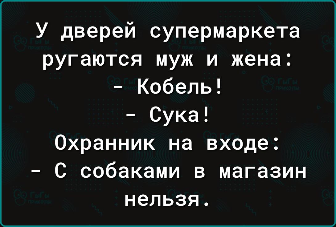 У дверей супермаркета ругаются муж и жена Кобель Сука Охранник на входе С собаками в магазин НЕЛЬЗЯ