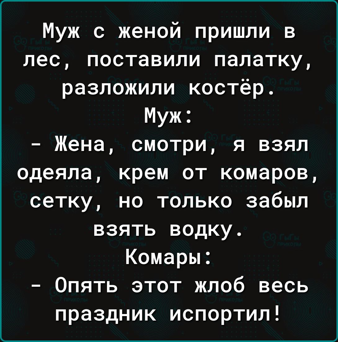 Муж с женой пришли в лес поставили палатку разложили костёр Муж Жена смотри я взял одеяла крем от комаров сетку но только забыл взять водку Комары Опять этот жлоб весь праздник испортил