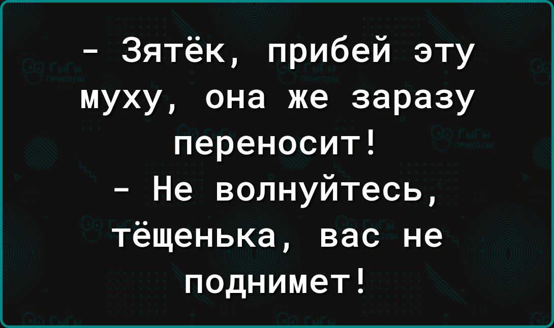 Зятёк прибей эту муху она же заразу переносит Не волнуйтесь тёщенька вас не поднимет