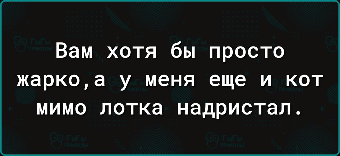 Вам хотя бы просто жаркоа У МЕНЯ еще И КОТ МИМО ЛОТКЭ надристал