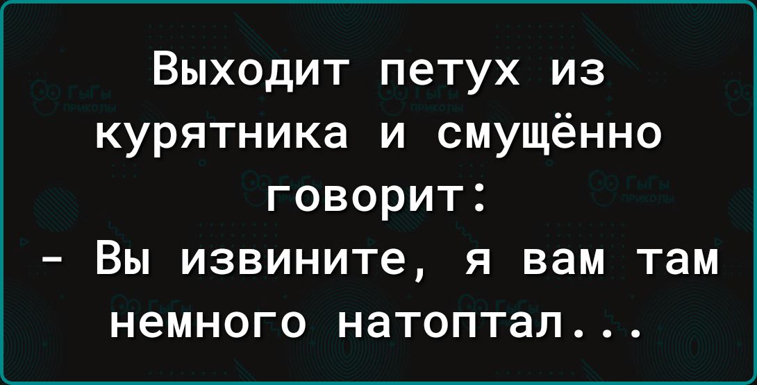 Выходит петух из курятника и смущённо ГОВОРИТ Вы извините Я вам там НЭМНОГО натоптал