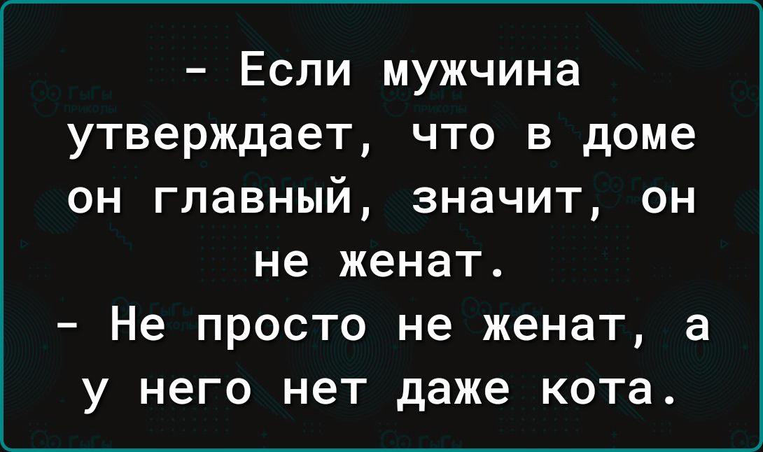 Если мужчина утверждает что в доме он главный значит он не женат Не ПРОСТО не женат 3 У НЕГО нет даже КОТЗ