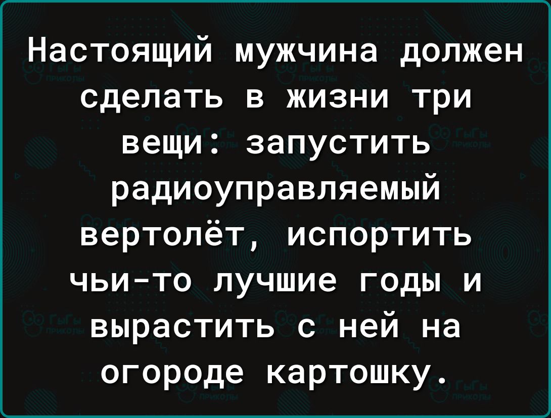 Настоящий мужчина должен сделать в жизни три вещи запустить радиоуправляемый вертолёт испортить чьи то лучшие годы и вырастить с ней на огороде картошку
