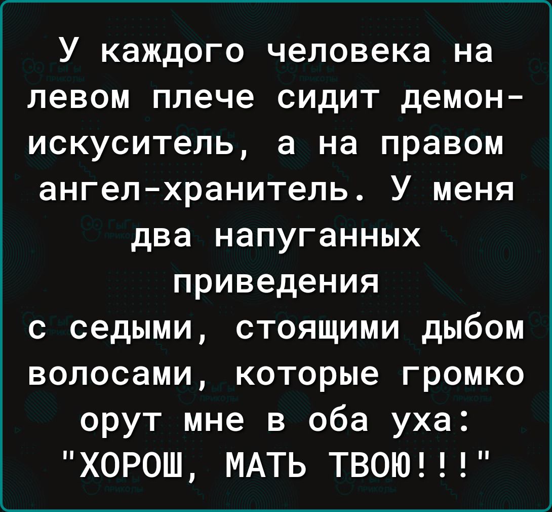 У каждого человека на левом плече сидит демон искуситель а на правом ангел хранитель У меня два напуганных приведения с седыми стоящими дыбом волосами которые громко орут мне в оба уха ХОРОШ МАТЬ ТВОЮ