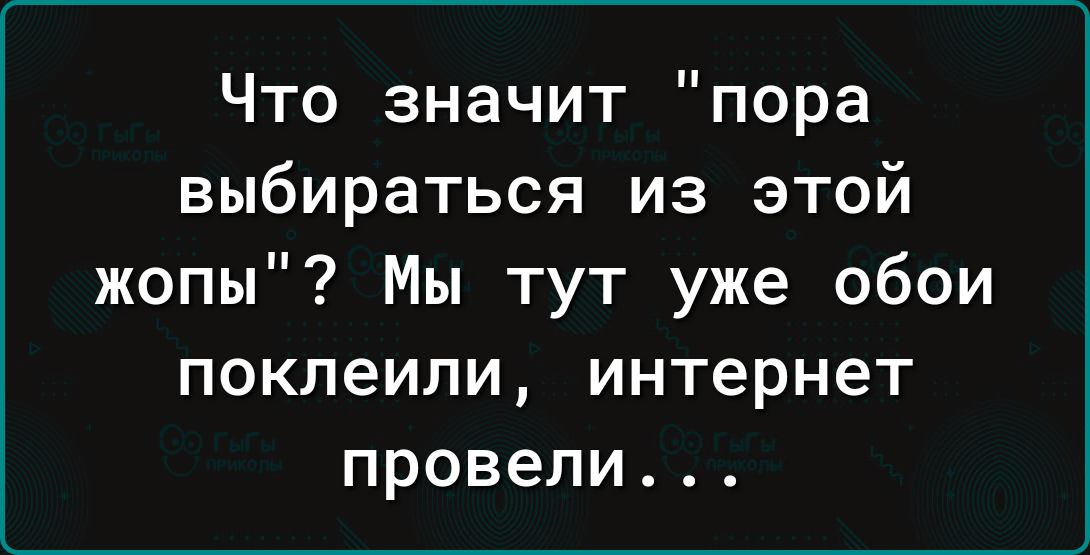 Что значит пора выбираться из этой жопы Мы тут уже обои поклеили интернет провели