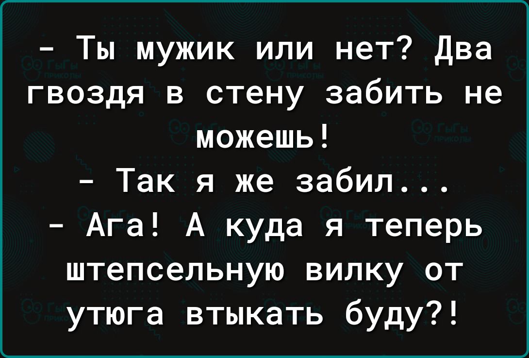 Ты мужик или нет два гвоздя в стену забить не можешь Так я же забил Ага А куда я теперь штепсельную вилку от утюга втыкать буду