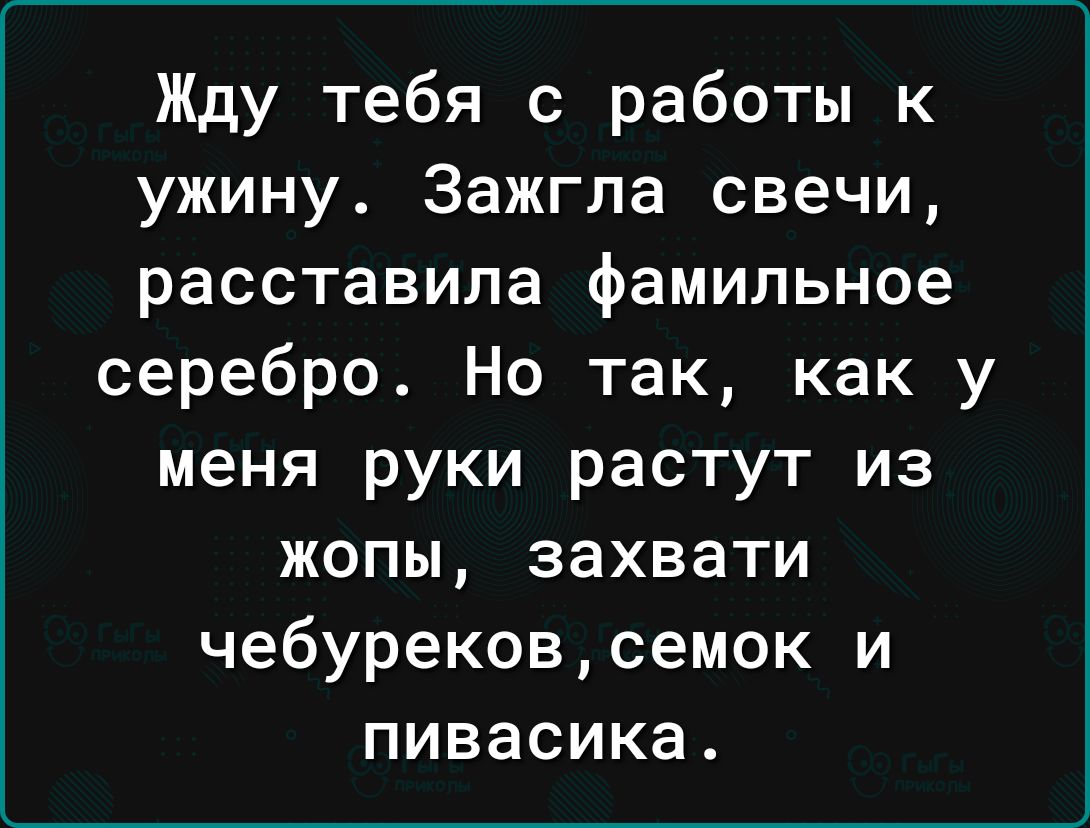 Жду тебя с работы к ужину Зажгла свечи расставила фамильное серебро Но так как у меня руки растут из жопы захвати чебурековсемок и пивасика