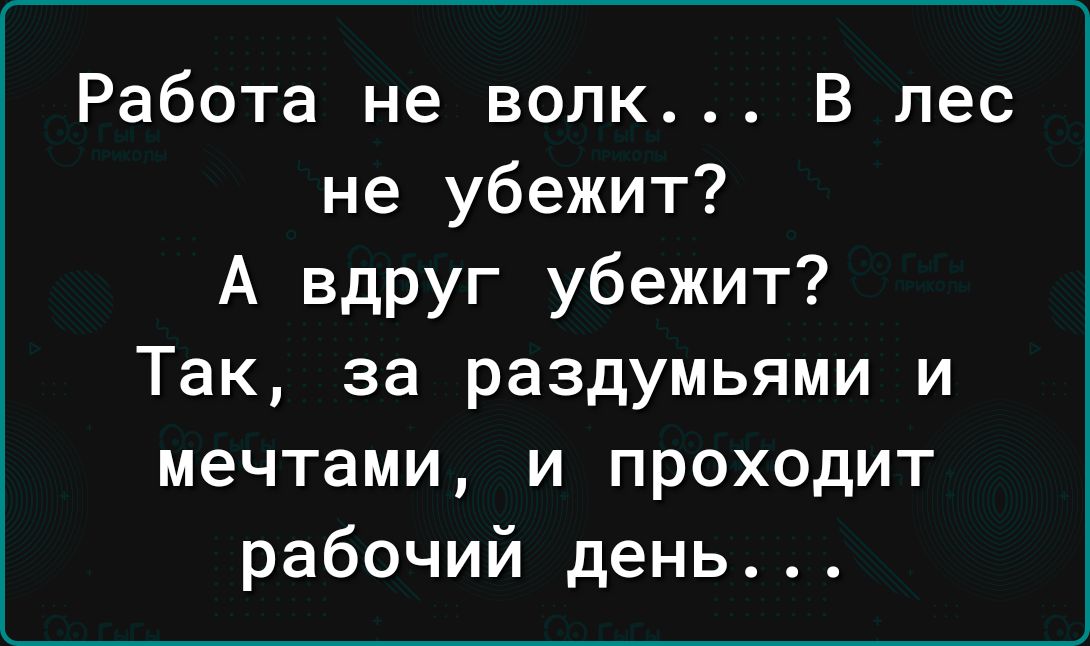 Работа не волк В лес не убежит А вдруг убежит Так за раздумьями и мечтами и проходит рабочий день