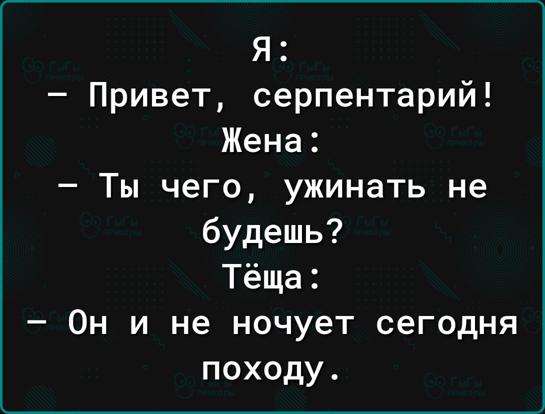 Я Привет серпентарий Жена Ты чего ужинать не будешь Тёща Он и не ночует сегодня походу