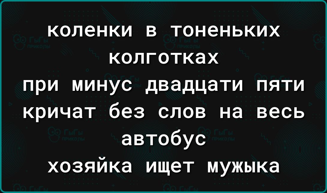 коленки В ТОНеНЬКИХ колготках при минус двадцати пяти кричат без слов на весь автобус хозяйка ищет мужыка