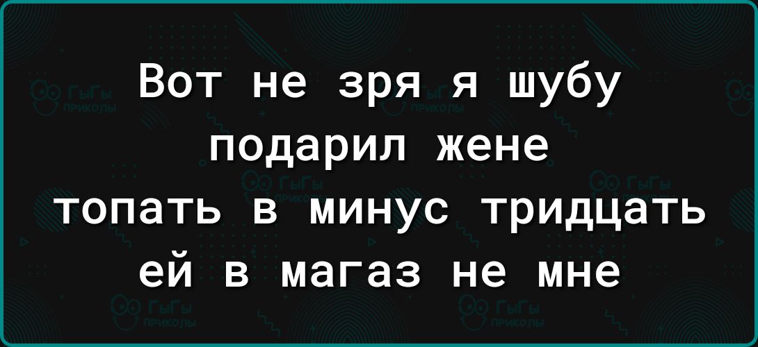 Вот не зря я шубу подарил жене топать в минус тридцать ей в магаз не мне