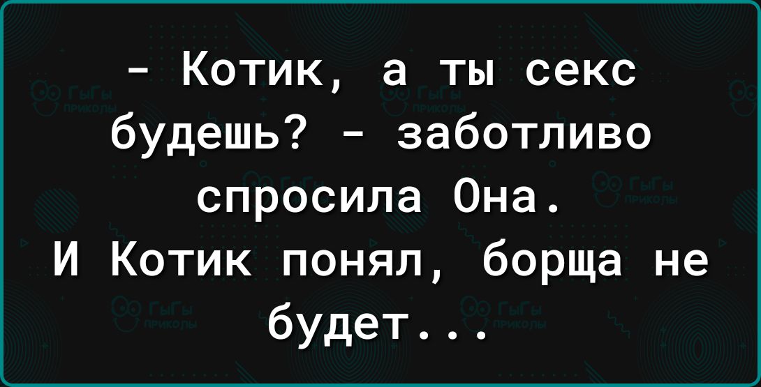 Котик а ты секс будешь заботливо спросила Она И Котик понял борща не будет