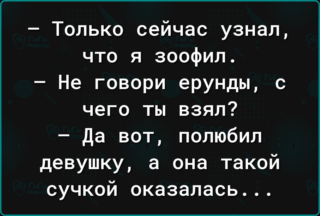 Только сейчас узнал что я зоофил Не говори ерунды с чего ты взял да вот полюбил девушку а она такой сучкой оказалась