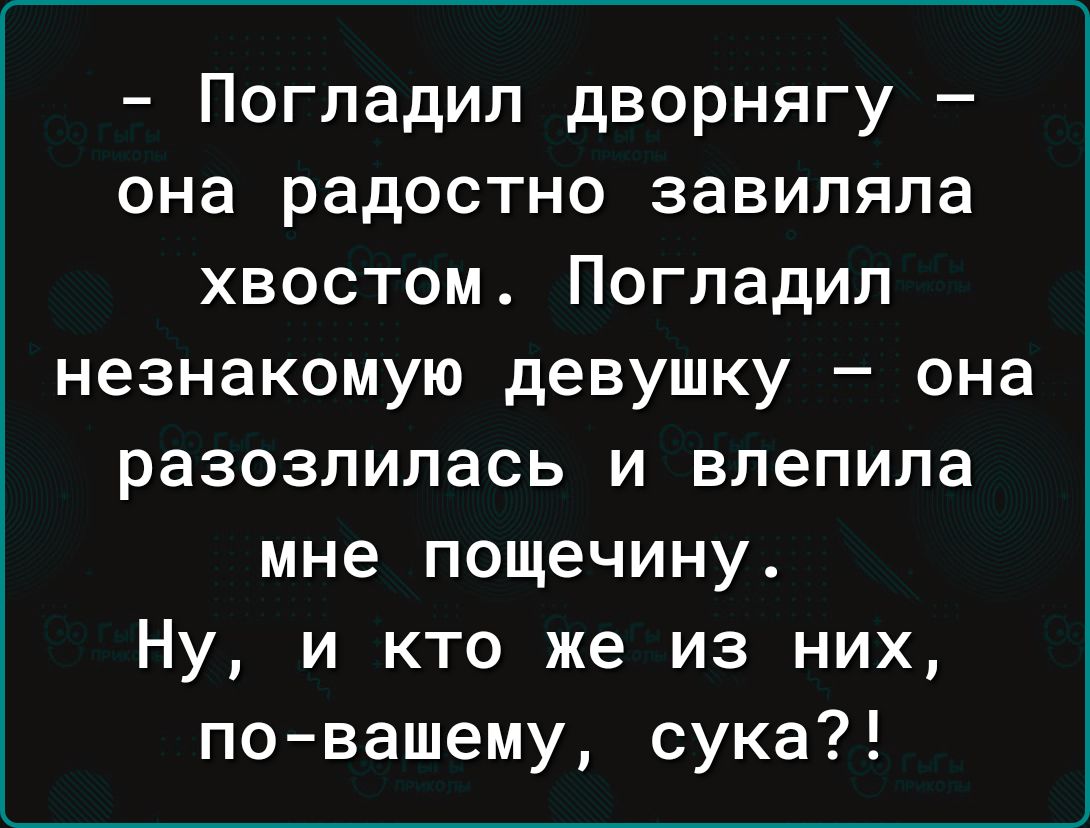 Погладил дворнягу она радостно завиляпа хвостом Погладил незнакомую девушку она разозлилась и влепила мне пощечину Ну и кто же из них повашему сука