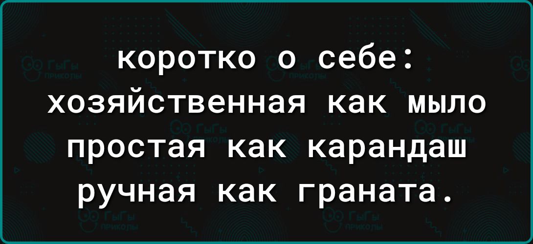 коротко о себе хозяйственная как мыло простая как карандаш ручная как граната