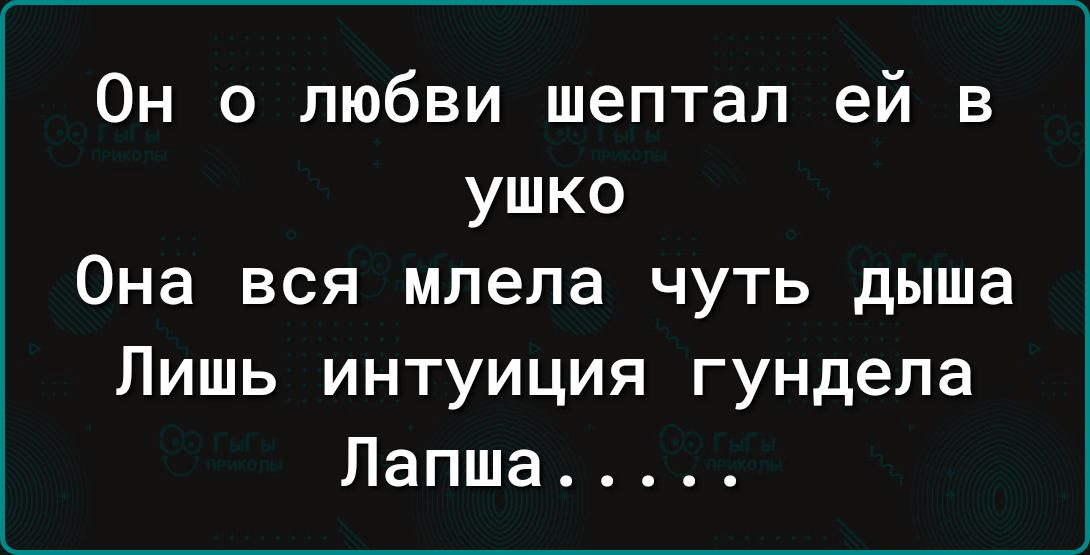 Он о любви шептал ей в ушко Она вся млепа чуть дыша Лишь интуиция гундела Лапша