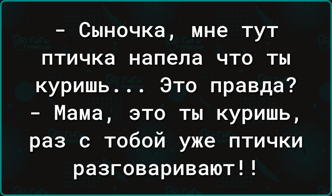 Сыночка мне тут птичка напела что ты куришь Это правда Мама это ты куришь раз с тобой уже птички разговаривают