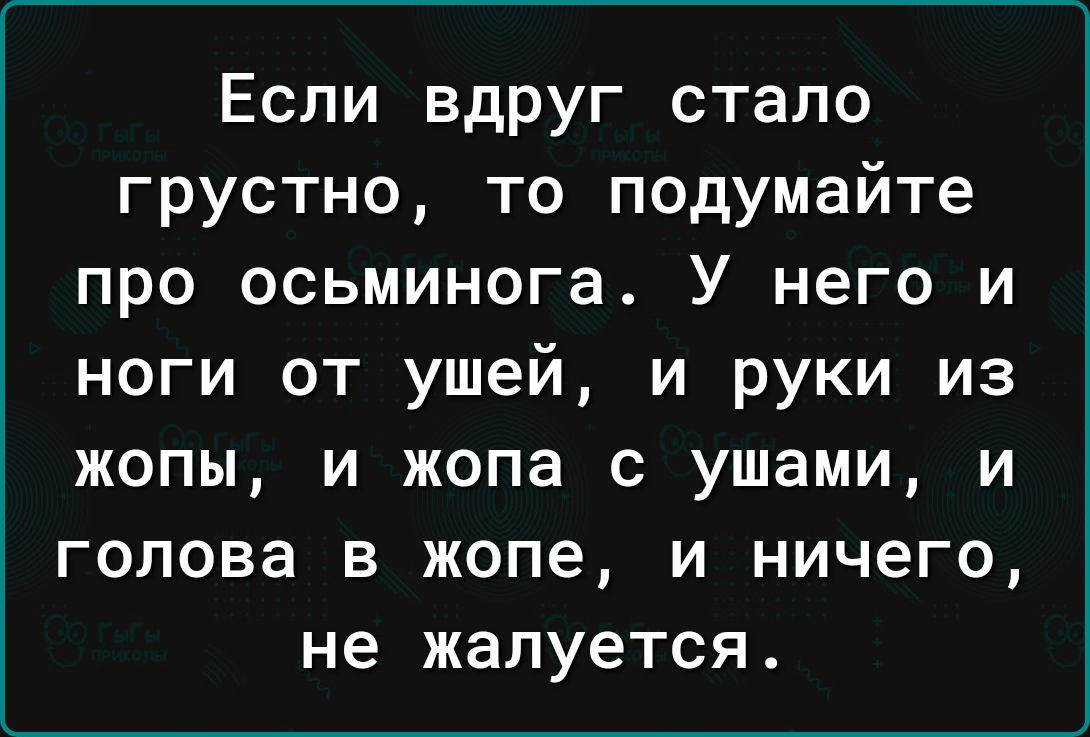 Если вдруг стало грустно то подумайте про осьминога У него и ноги от ушей и руки из жопы и жопа с ушами и голова в жопе и ничего не жалуется