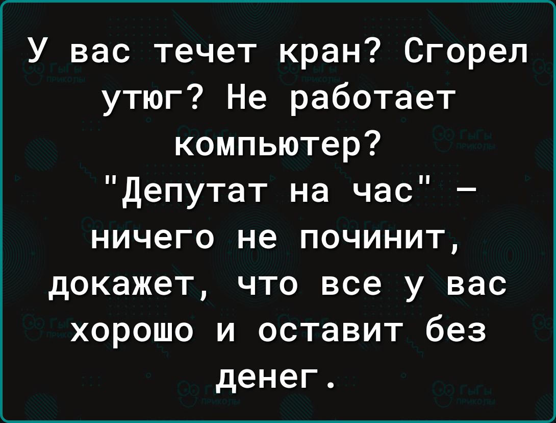 У вас течет кран Сгорел утюг Не работает компьютер Депутат на час ничего не починит докажет что все у вас хорошо и оставит без денег