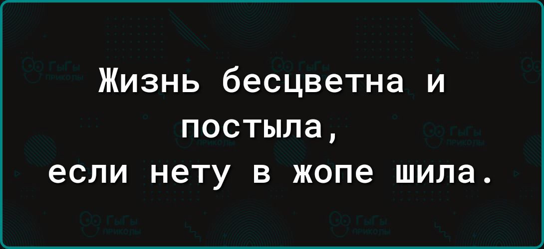 Жизнь бесцветна и постыла если нету в жопе шила