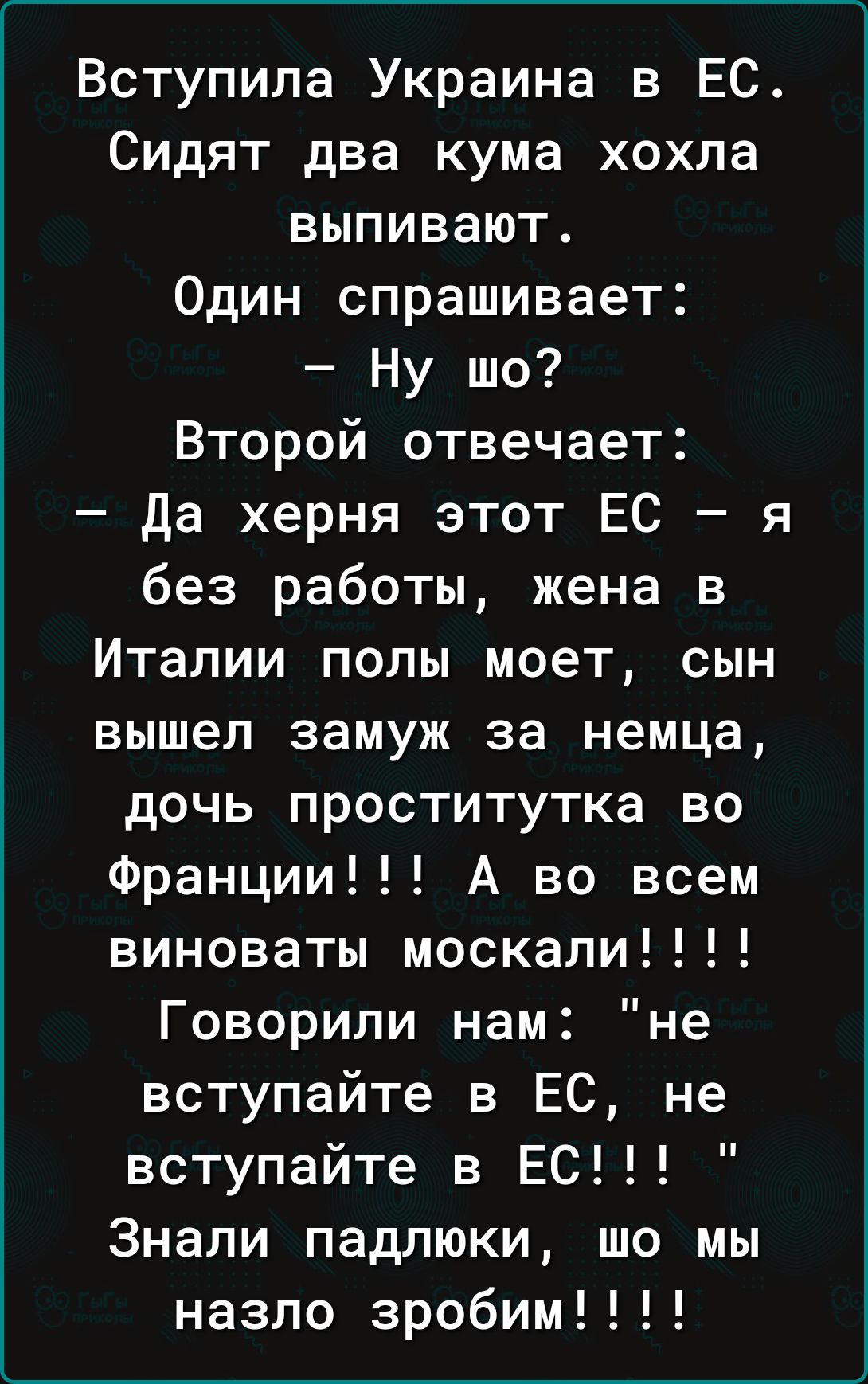 Вступила Украина в ЕС Сидят два кума хохла выпивают Один спрашивает Ну шо Второй отвечает Да херня этот ЕС я без работы жена в Италии полы моет сын вышел замуж за немца дочь проститутка во Франции А во всем виноваты москали Говорили нам не вступайте в ЕС не вступайте в ЕС Знали падлюки шо мы назло зробим